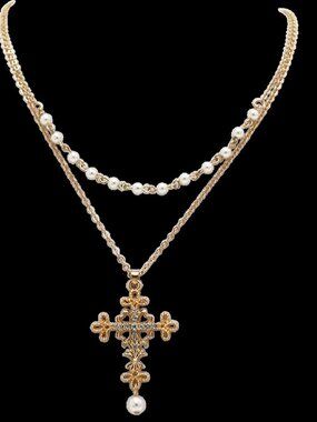 RMC100 - Cross and Simulated Pearls 2 Strand Multi Chain Necklace,16"+3" Ext